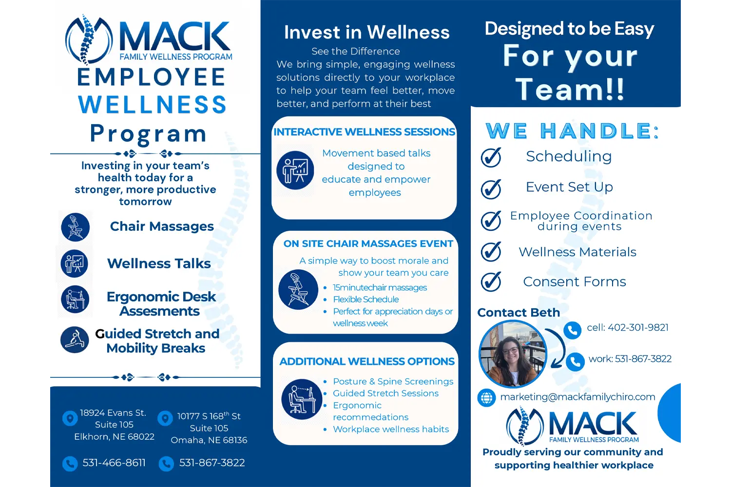 Employee wellness program flyer outlining services, workplace wellness options, and contact information.